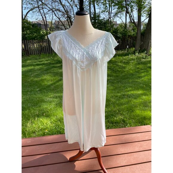 Vintage Vanity Fair Light Blue 2 Pc Peignoir Set Lace Trim Flutter Sleeves Sz L - Picture 2 of 11